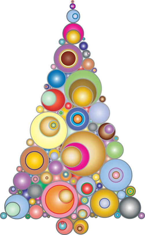 a multicolored christmas tree on a black background, inspired by Herbert Bayer, circles, multiverse!!!!!!, clipart, ashy