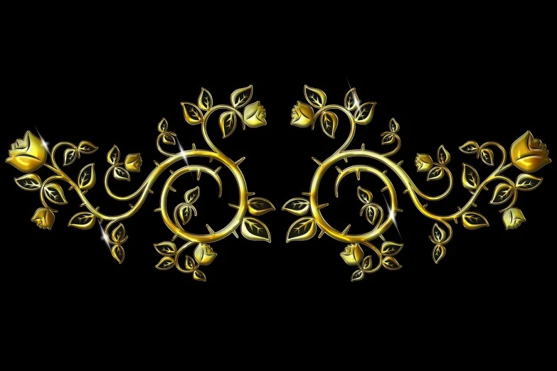 a gold floral design on a black background, a digital rendering, deviantart, golden earrings, vine art, circlet, gemini