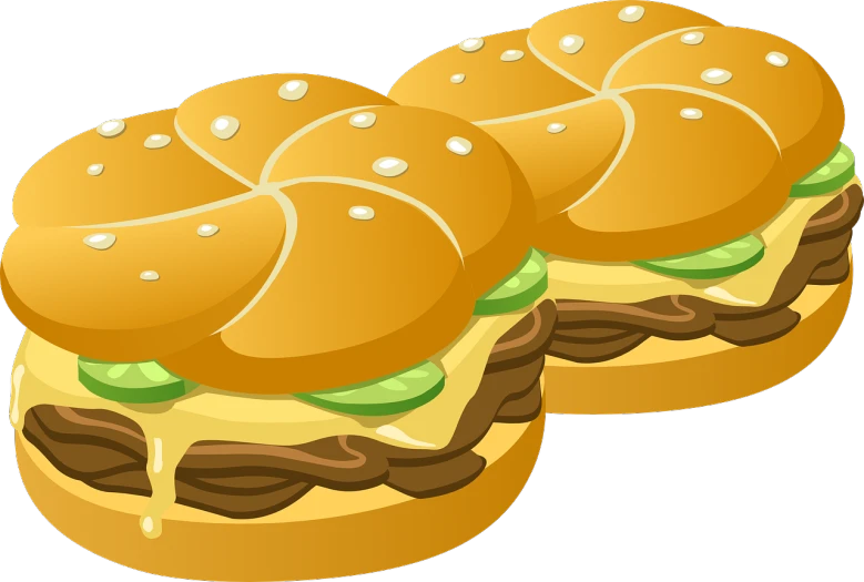 two hamburgers with cheese and lettuce on them, pixabay, pop art, crispy buns, detailed zoom photo, wikihow illustration, cut-away