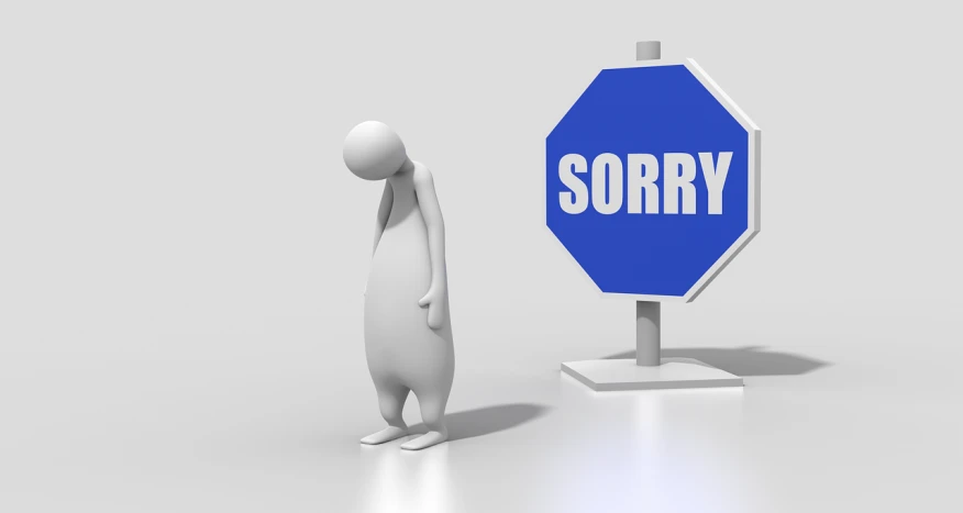 a person standing next to a blue sign that says sorry, by Andries Stock, pixabay, figurativism, solidworks, greeting hand on head, rendered in povray, lorem ipsum dolor sit amet