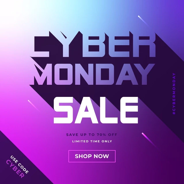 the cyber monday sale is up to 50 % off, by Gwen Barnard, shutterstock, art deco, gradient purple, colorful flat design, above side view, modern design