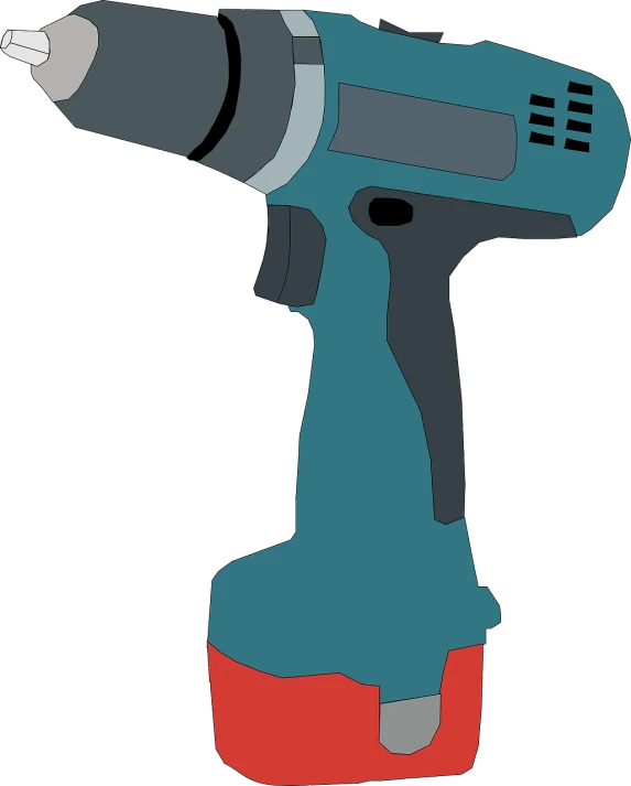 a drill that is sitting on top of a table, vector art, by David Budd, pixabay, pop art, red and teal color scheme, mechanic, half length shot, waist - shot