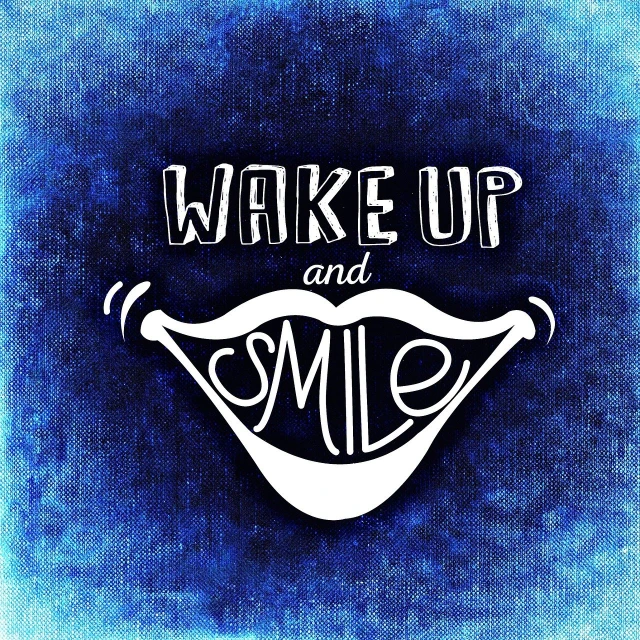 the words wake up and smile on a blue background, a photo, smiling mask, digital art illustration, 🎨🖌️, friendly seductive smile