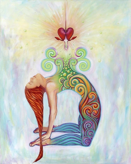 a painting of a woman doing a yoga pose, an ultrafine detailed painting, by Amanda Sage, pixabay, (heart), colorful illustration, jenny seville, flowing