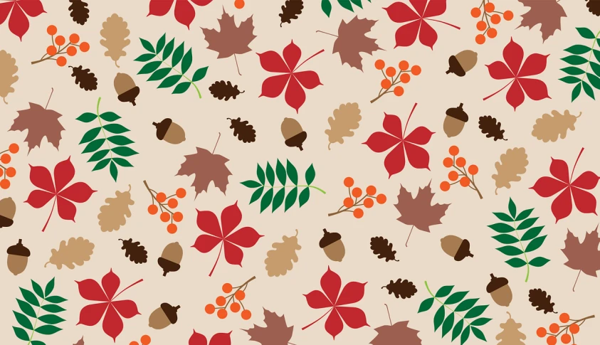 a pattern of leaves and berries on a beige background, by Gawen Hamilton, shutterstock, no gradients, autumn leaves on the ground, vectorized, iconography background