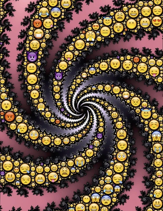 a spiral of emoticions on a pink background, digital art, inspired by Benoit B. Mandelbrot, black and yellow colors, dark but detailed digital art, snapchat photo, fractal gems