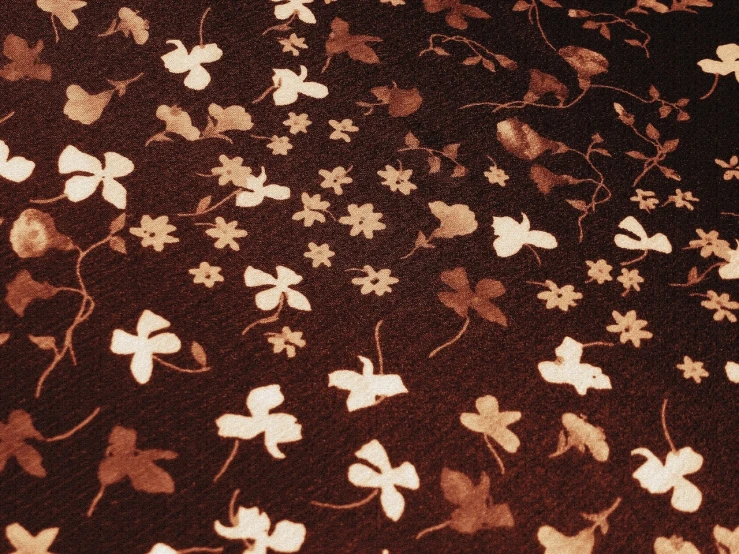 a close up of a piece of fabric with flowers on it, inspired by Ogata Kōrin, unsplash, clover, chocolate. intricate background, grainy vintage, lying scattered across an empty