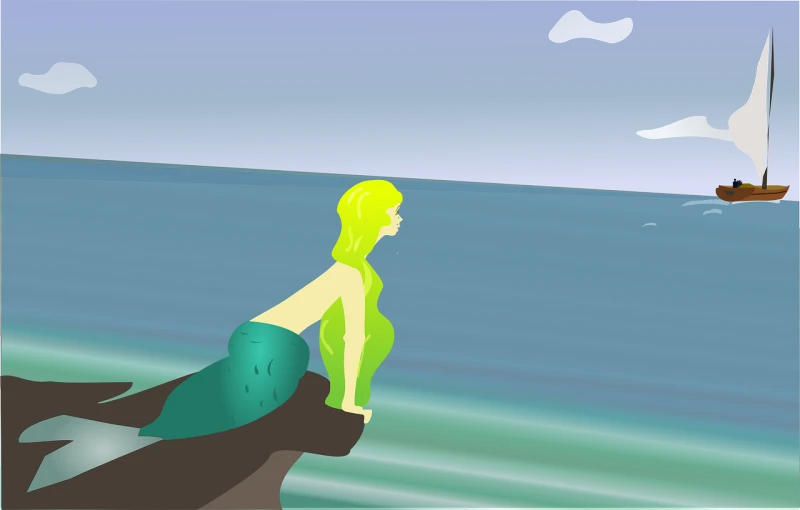 a mermaid sitting on a rock with a sailboat in the background, inspired by Jens Ferdinand Willumsen, conceptual art, green colored skin!!, miami. illustration, ocean in the distance, wikihow illustration