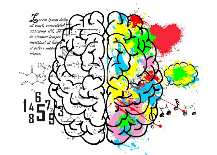 a drawing of a brain with colorful paint splatters, analytical art, image split in half, language learning logo, music, effective altruism