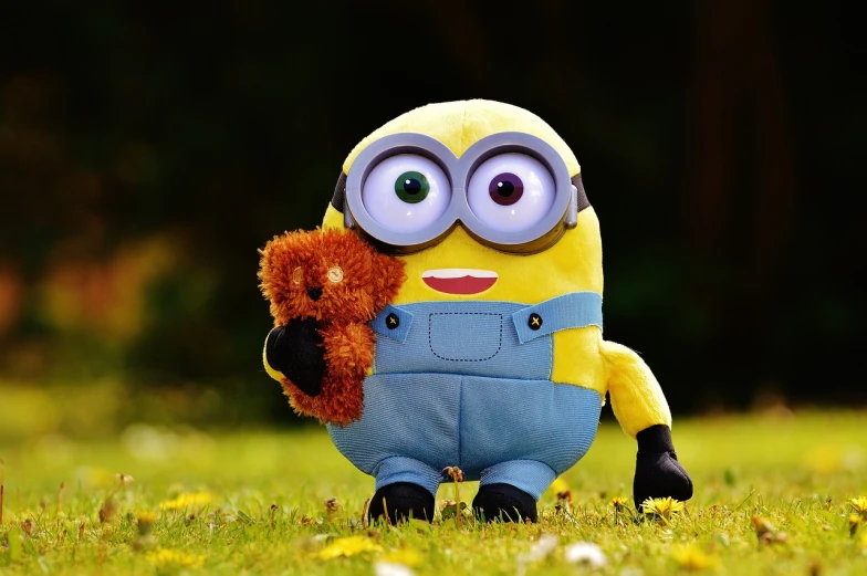 a minion holding a teddy bear in a field, a picture, toy photo