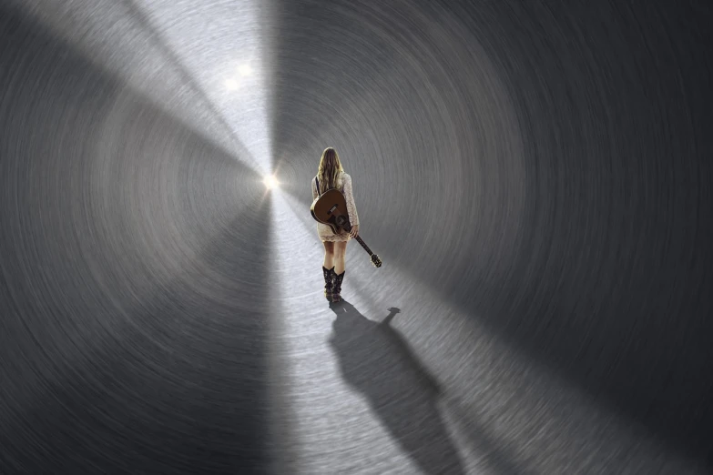 a woman holding a baseball bat walking through a tunnel, by Jon Coffelt, conceptual art, light rays from above, guitar, metal halo, neil young design