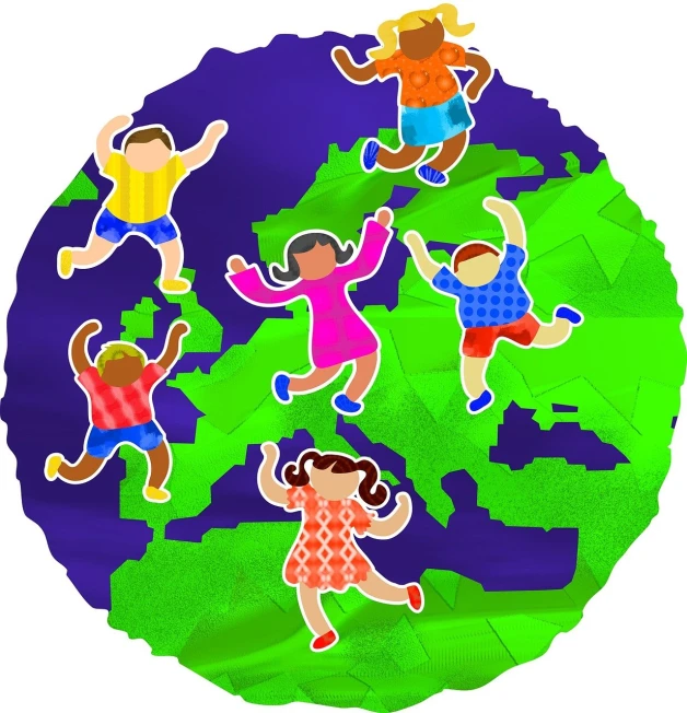 a group of children playing around the world, an illustration of, inspired by Robert Colescott, figuration libre, shounen jump, map of europe, sticker illustration, round-cropped