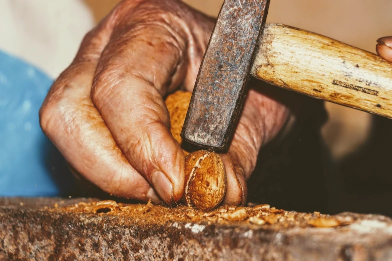 a close up of a person holding a hammer over a piece of wood, a macro photograph, inspired by Károly Markó the Elder, folk art, baking french baguette, superb detail 8 k, hands which exchange seeds, woodturning