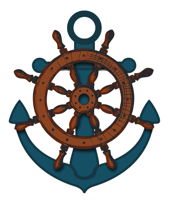 a ship wheel and an anchor on a black background, a digital rendering, by Edward Avedisian, pixabay contest winner, conceptual art, dark blue + dark orange, brown and cyan color scheme, cartoonish vector style, wooden