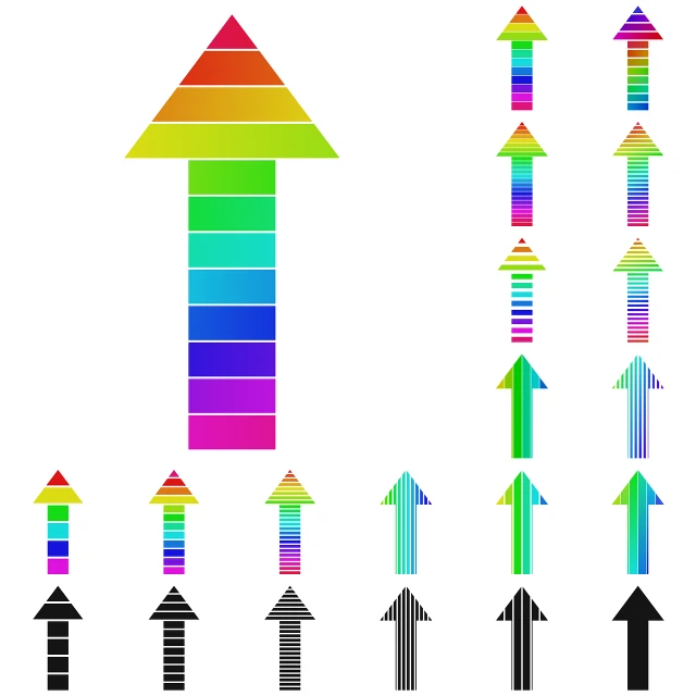 a set of colored arrows pointing in different directions, an illustration of, inspired by Joel Shapiro, bauhaus, rainbow gradient reflection, up, color chart, 155 cm tall