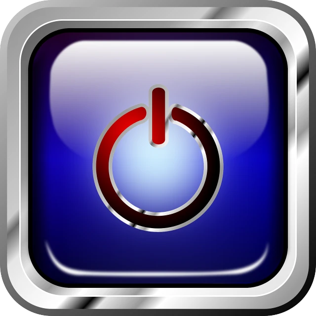a blue button with a red power button on it, a digital rendering, computer art, ios icon, coherent photo