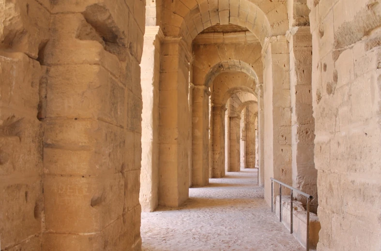 an image of a hallway in a building, by Robert Griffier, flickr, romanesque, ancient ruins under the desert, colonnade, of augean stables, very crisp details