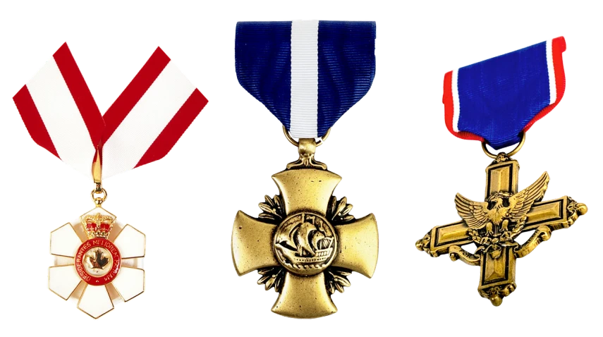 three medals sitting next to each other on a black background, by Paul Davis, military design, presidential cross, various styles, winning award image