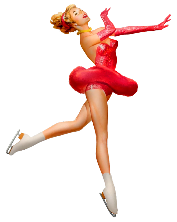 a statue of a woman in a red dress, a digital rendering, inspired by Rolf Armstrong, dynamic skating, anime barbie in white stockings, full entire body fun pose, leeloo