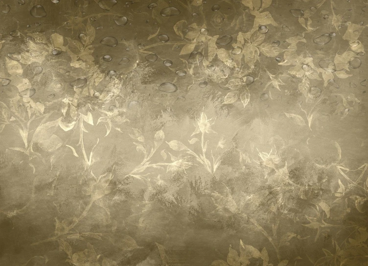 a wall that has a bunch of flowers on it, a detailed painting, inspired by Gaetano Previati, trending on pixabay, baroque, soft sepia tones, raindrops, golden smooth material, the background is misty