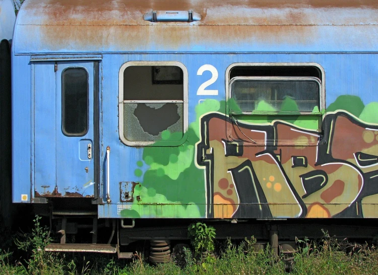 a blue train with graffiti on the side of it, by Derf, flickr, abandoned prague, rotten green skin, flat color, panorama