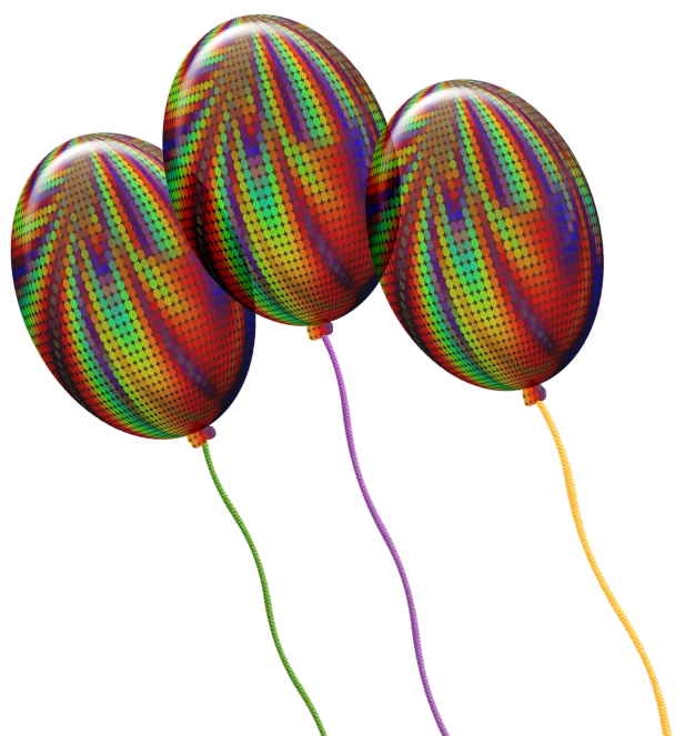 a group of three balloons sitting next to each other, a digital rendering, by Jon Coffelt, kinetic pointillism, psychedelic black light style, ray traced reflections, rainbow neon strips, happy birthday