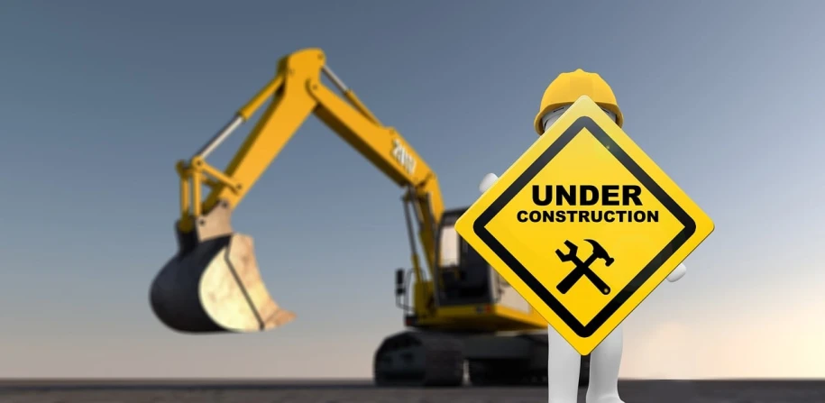 a yellow construction sign sitting on the side of a road, a screenshot, by Wayne England, shutterstock, constructivism, big shovel, rendered on unreal 3 d, épaule devant pose, under repairs