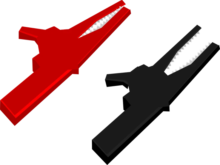 a pair of scissors sitting next to each other, concept art, by Bob Ringwood, conceptual art, black and red scheme, half shark alligator half man, black backround. inkscape, uav