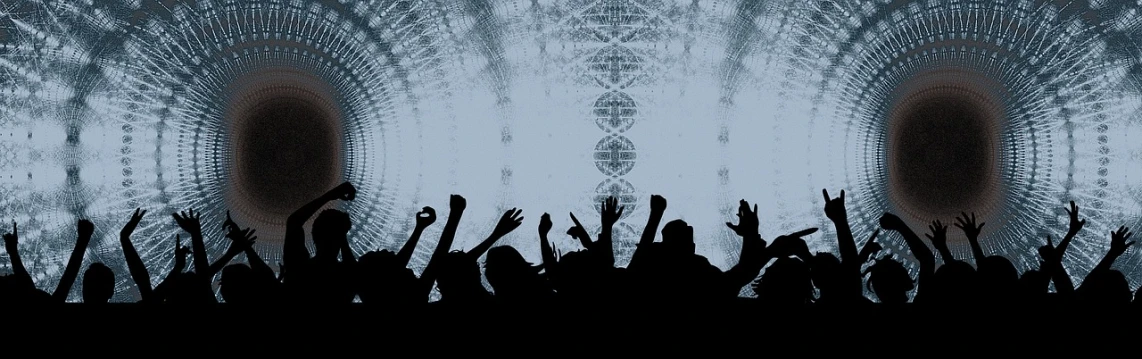 a crowd of people raising their hands in the air, an album cover, by Elias Ravanetti, pixabay, symbolism, fractal human silhouette, dna, underground party, happy!!!