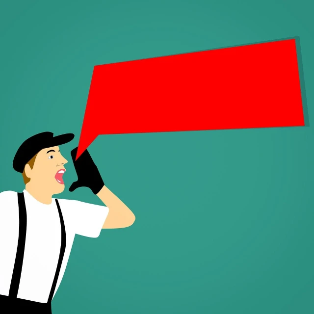 a man holding a red sign in front of his face, an illustration of, conceptual art, bright uniform background, speech, holding a red banner, minimalistic illustration