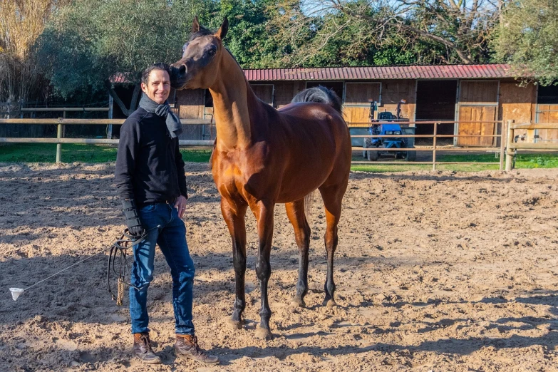 a man standing next to a brown horse, a portrait, by Romain brook, shutterstock, figuration libre, standing in midground, anatomically correct equine, photo taken in 2 0 2 0, riccardo federici