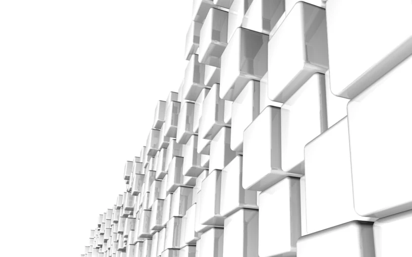 a black and white photo of a building, an ambient occlusion render, inspired by Ryoji Ikeda, digital art, cubes, white background wall, bjarke ingels, glossy white metal