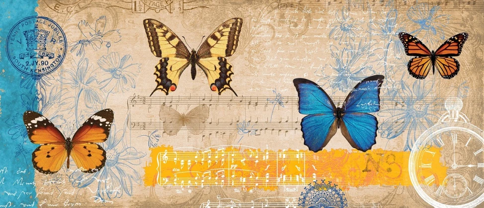 a group of butterflies sitting on top of a piece of paper, an album cover, by Paul Davis, trending on pixabay, baroque, background yellow and blue, musical notes, scrapbook paper collage, highly detaild