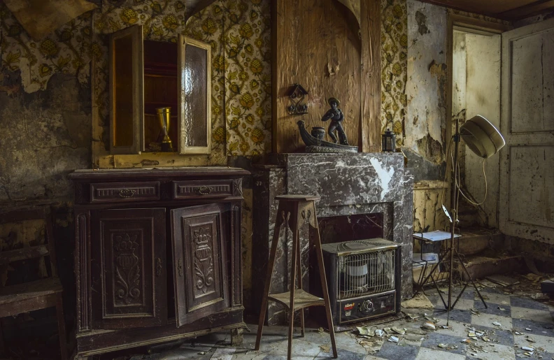 a room filled with furniture and a mirror, by Richard Carline, pixabay, maximalism, abandoned war torn village, marble!! (eos 5ds r, during a biohazard apocalypse, polish mansion kitchen