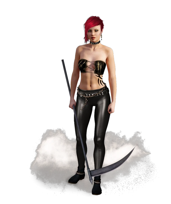 a woman with red hair holding a sword, a 3D render, inspired by Emily Shanks, punk outfit, charmed sexy look, strong fighter in leathers, jill stingray