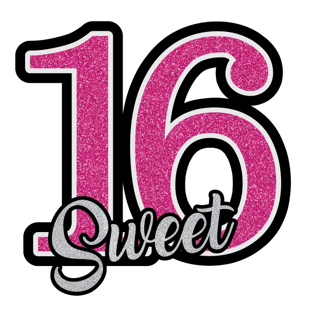 a pink and silver 16th birthday cake topper, a digital rendering, inspired by Justin Sweet, on black background, silk screen t-shirt design 4k, medium close up, glitter sticker