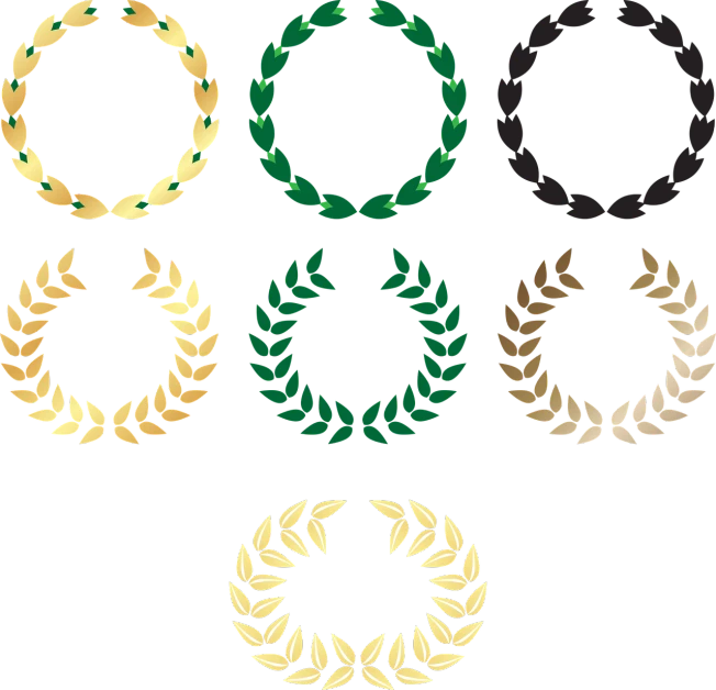 a set of four laurel wreaths on a black background, vector art, inspired by Masamitsu Ōta, flickr, gradient black green gold, gold medal, material brass & copper gold, 3 0 0