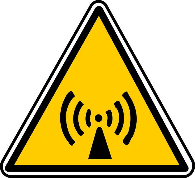 a yellow triangle with a radio signal on it, shutterstock, dangerous aura, label, technological, black