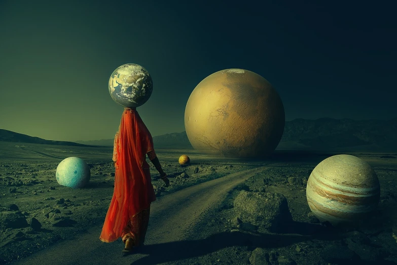 a woman walking down a dirt road with a ball on her head, digital art, cg society contest winner, floating planets and moons, world best photography, amazingly epic visuals, mars vacation photo