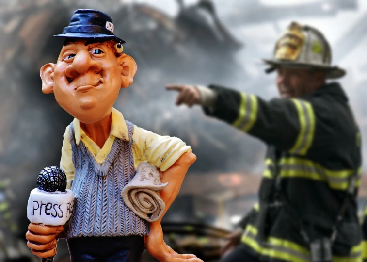 a close up of a figurine of a fireman, a cartoon, by Tom Carapic, pexels, realism, news broadcast, foreground background, by jim bush and ed repka, fire from mouth