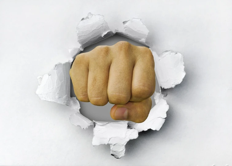 a fist punching through a hole in a piece of paper, inspired by Daryush Shokof, auto-destructive art, high res photo, 3 dmax, cool marketing photo, smashed wall
