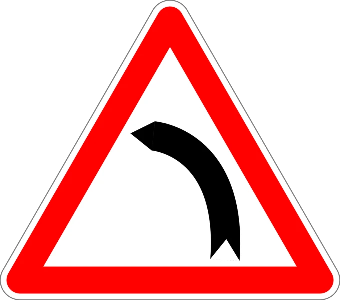 a red and white road sign with a curved curve, pixabay, hurufiyya, in triangular formation, curving black, folded, albino