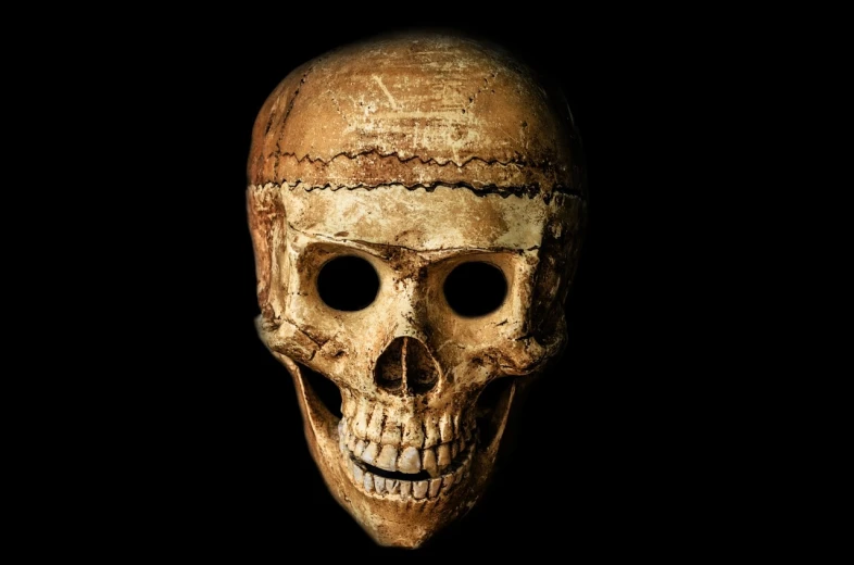 a close up of a skull on a black background, by Robert Brackman, ancient biblical, wearing wooden mask, high - resolution scan, wonderful masterpiece