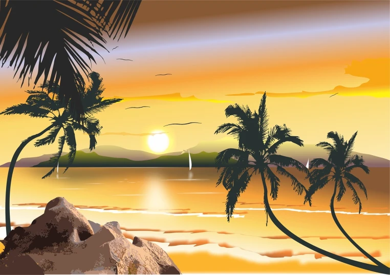 a couple of palm trees sitting on top of a beach, vector art, shutterstock, romanticism, sunset panorama, vector images