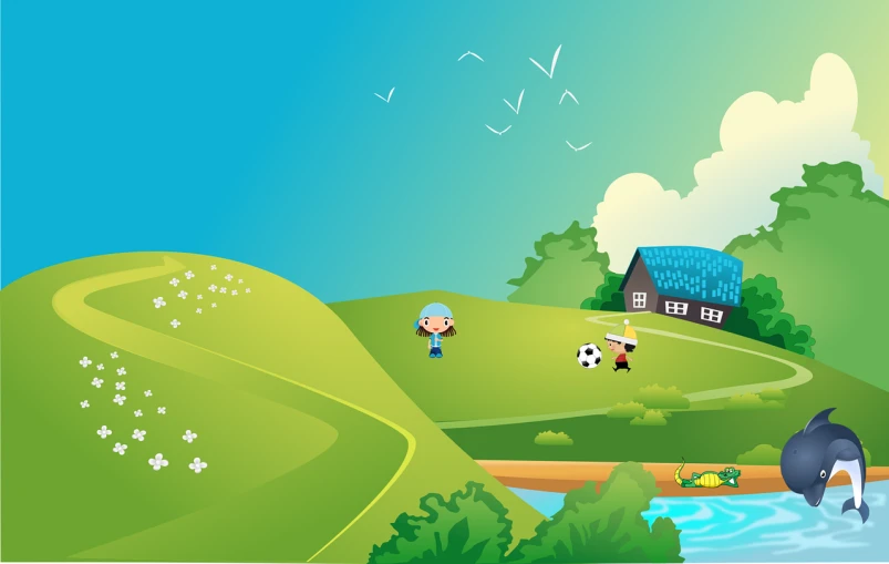 a group of people standing on top of a lush green hillside, a digital rendering, naive art, hd vector art, kids playing, of a small village with a lake, website banner
