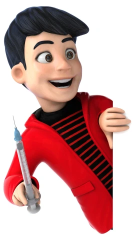 a cartoon character holding a syet in one hand and a syet in the other, a digital rendering, by Joseph Raphael, digital art, holding a syringe!!, wearing a red turtleneck sweater, closeup photo, stock photo