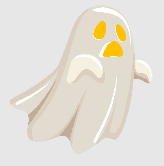 a white ghost with orange eyes on a gray background, an illustration of, mingei, accurate illustration, yellowed, game asset, no type
