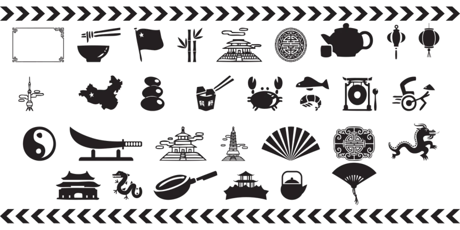 a set of black and white icons on a black background, inspired by Okada Hanko, mingei, tileset asset store, festivals, unknown location, around the world