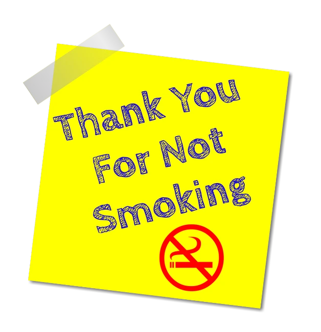 a note with the words thank you for not smoking, a poster, by Tom Carapic, pixabay, no yellow color, stock photo, 3 2 x 3 2, no gradient