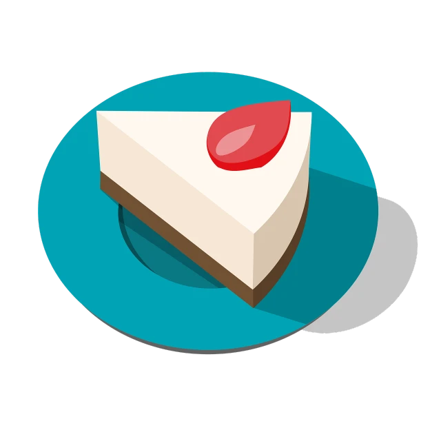 a piece of cake sitting on top of a blue plate, an illustration of, superflat, ultra wide angle isometric view, cherry, on a flat color black background, cream